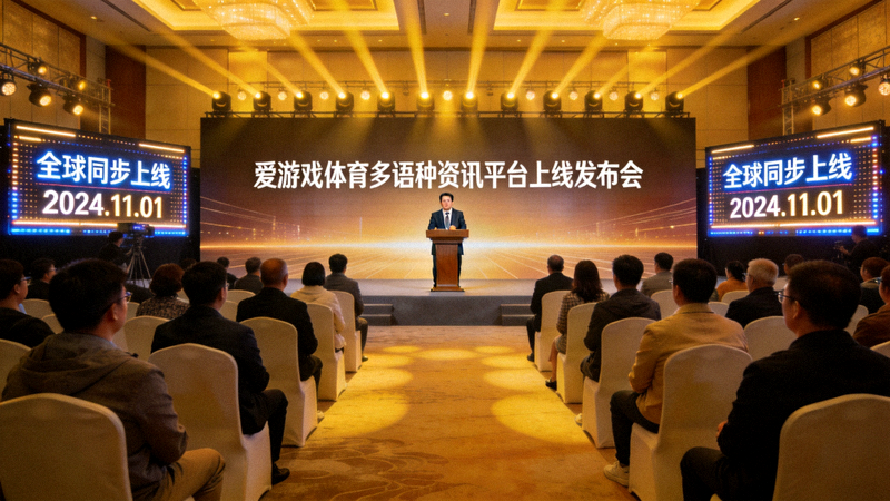爱游戏体育多语种资讯平台上线发布会现场照片 - 大屏幕展示多语言界面，台下坐满媒体记者