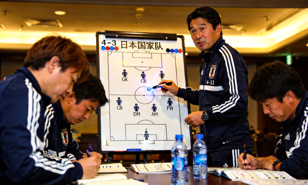 日本国家队战术分析会议现场 - 教练组正在讲解战术板上的阵型布置