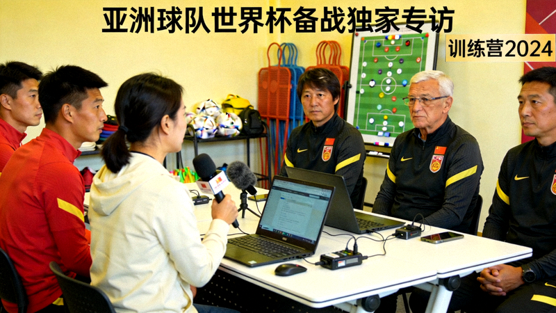 亚洲球队世界杯备战训练营独家专访现场 - 记者在训练场边采访日本或韩国国家队球员