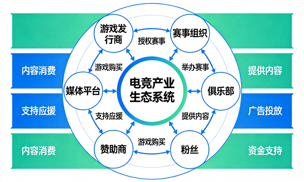 电竞产业生态系统各参与者互动关系示意图 - 展示游戏发行商、赛事组织、俱乐部、媒体平台、赞助商与粉丝之间的价值流动