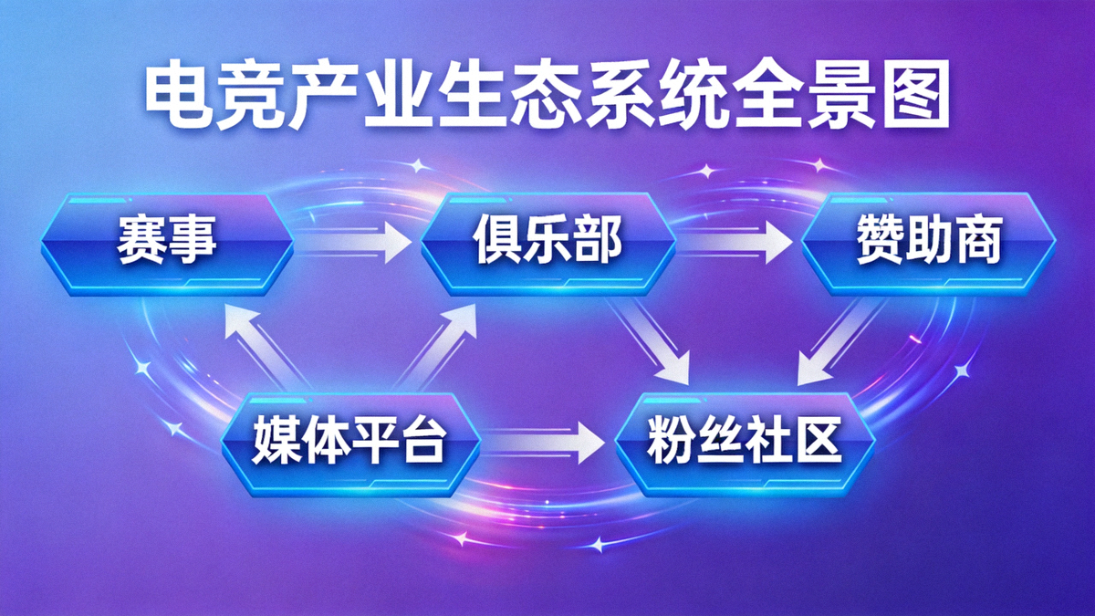 电竞产业生态系统全景图 - 展示赛事、俱乐部、赞助商、媒体平台与粉丝社区的互联关系