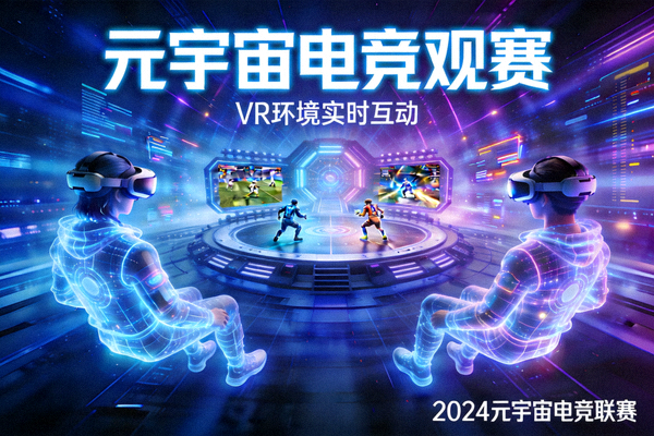 元宇宙电竞观赛概念图 - 虚拟观众在VR环境中观看电竞比赛