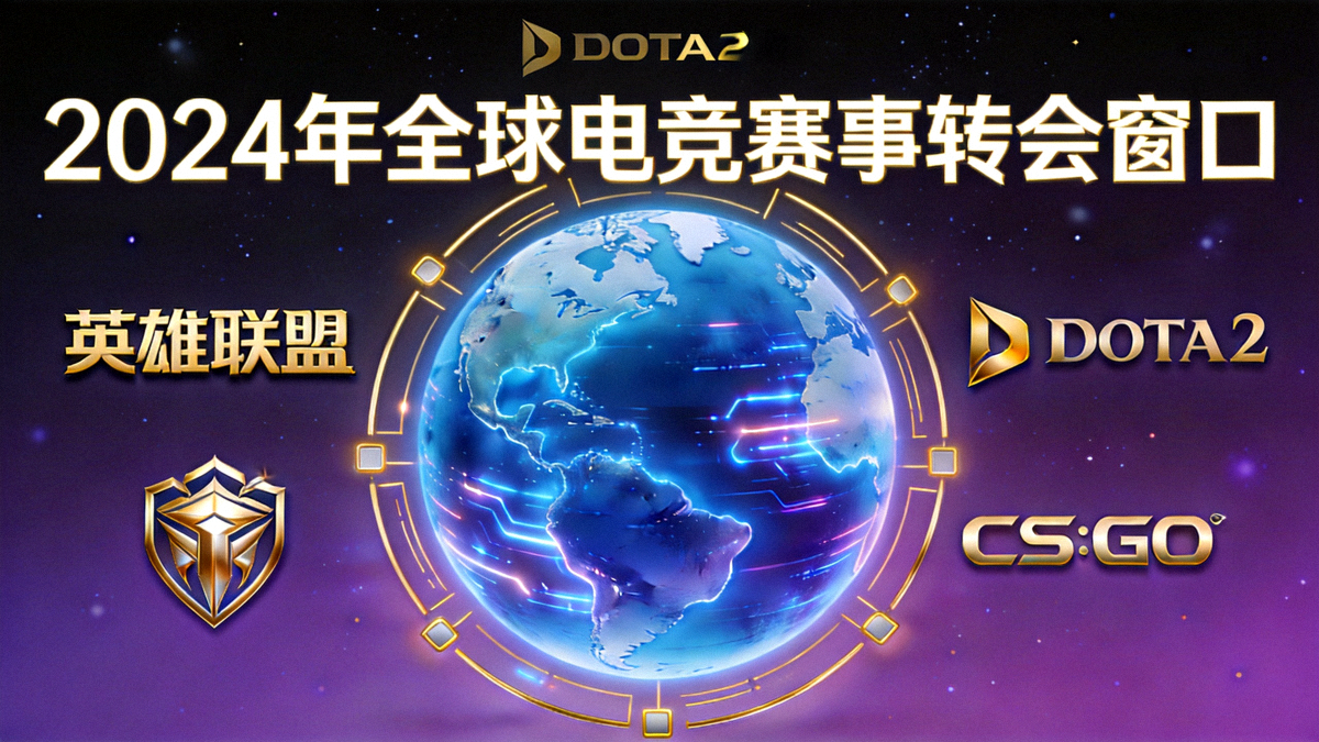2024年全球电竞赛事转会窗口概念图 - 展示英雄联盟、DOTA2、CS:GO等游戏标志环绕地球