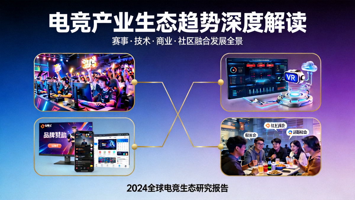 电竞产业生态趋势深度解读文章主图 - 展示电竞赛事、技术、商业与社区融合的宏观场景
