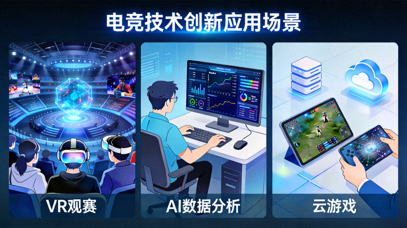 电竞技术创新应用场景图 - 展示VR观赛、AI数据分析、云游戏等前沿技术