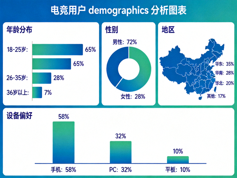 电竞用户 demographics 分析图表 - 展示年龄、性别、地域、设备偏好分布