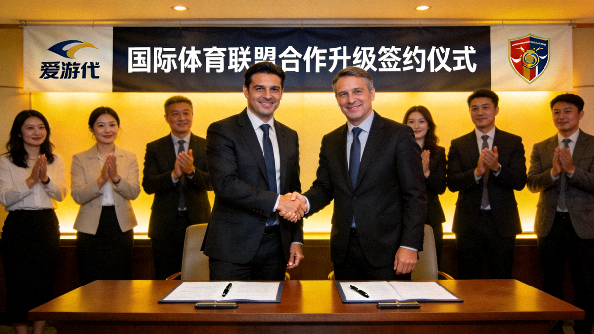 国际体育联盟合作升级签约仪式现场 - 爱游戏代表与国际体育联盟代表握手合影