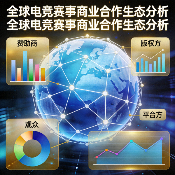 全球电竞赛事商业合作生态分析主视觉图 - 数据图表与地球网络融合