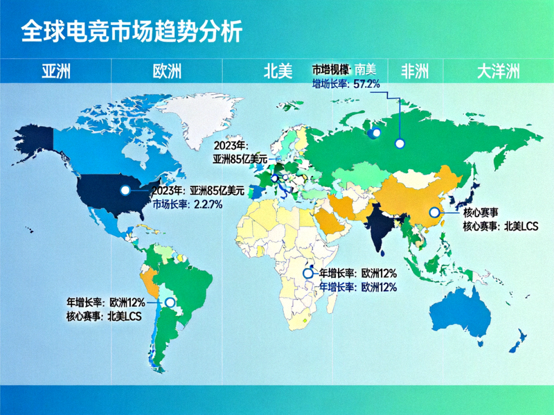 全球电竞市场趋势分析地图 - 展示各区域市场规模、增长率与核心赛事分布