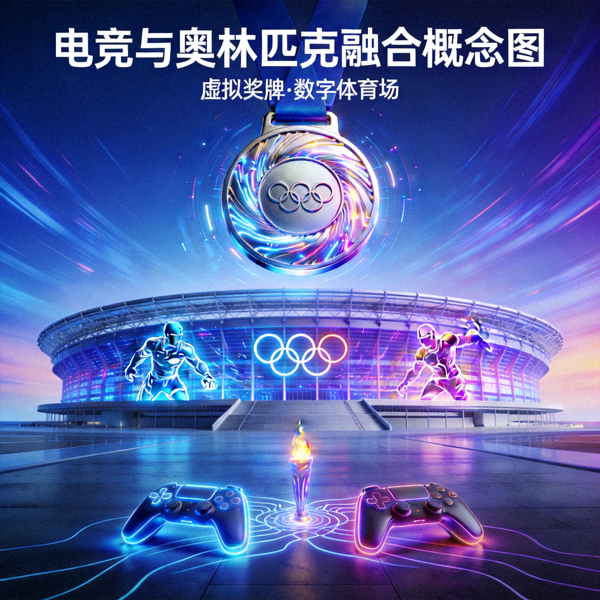 电竞与奥林匹克融合概念图 - 虚拟奖牌与体育场结合的数字艺术