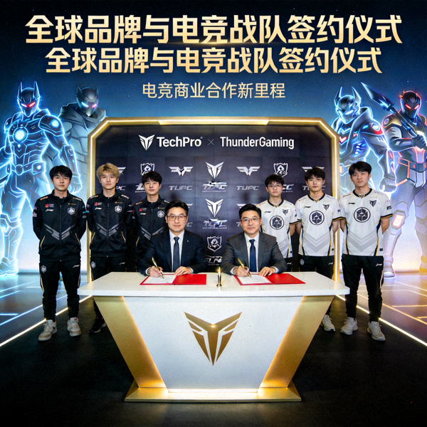 电竞商业合作主题视觉图 - 全球品牌与电竞战队签约仪式场景