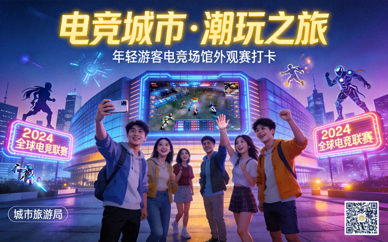 电竞主题城市旅游宣传图 - 年轻游客在电竞场馆外观赛打卡