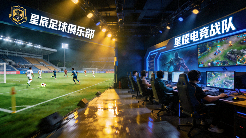 传统体育与电子竞技融合场景 - 足球俱乐部旗下电竞战队比赛画面与足球场并列