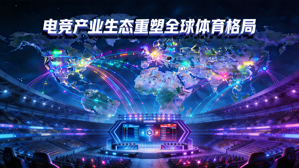 电竞产业生态重塑全球体育格局主题头图 - 电竞场馆、全球地图与数据流交织的视觉呈现