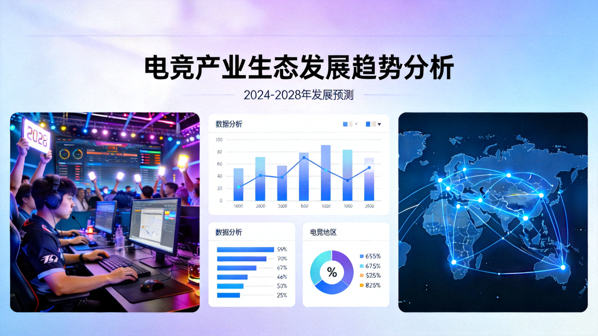 电竞产业生态发展趋势分析封面图 - 展示电竞比赛现场、数据分析图表和全球连接网络