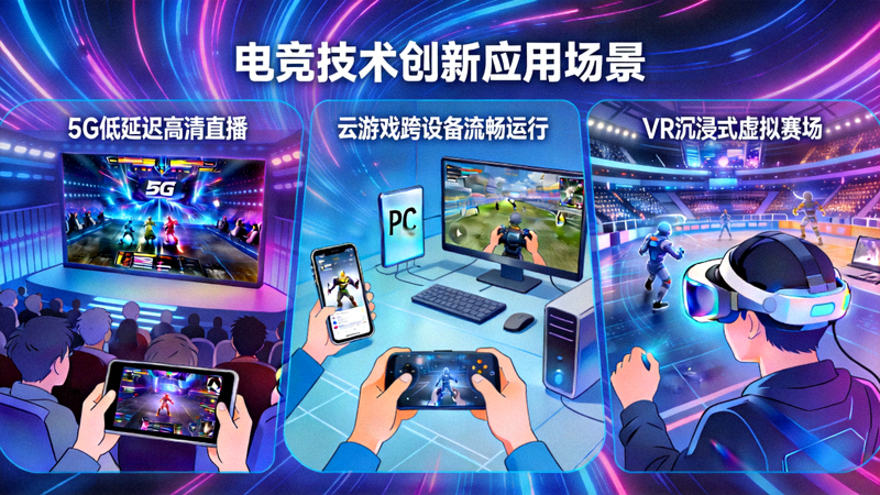电竞技术创新应用场景 - 展示5G观赛、云游戏和VR体验等前沿技术