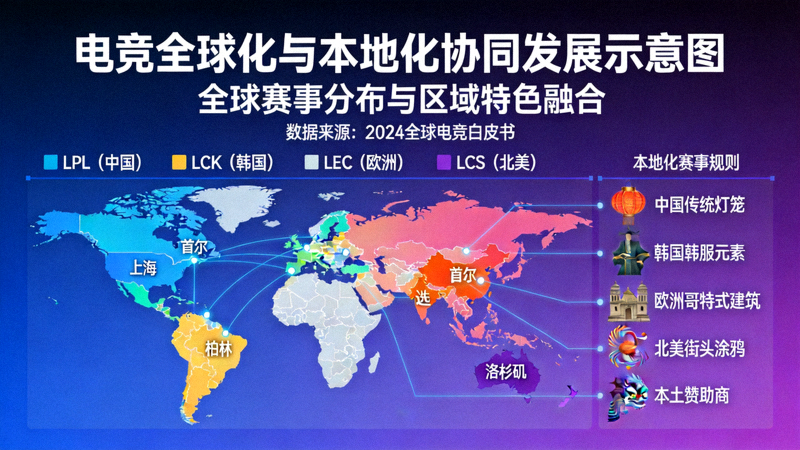 电竞全球化与本地化协同发展示意图 - 展示全球赛事地图和区域特色内容