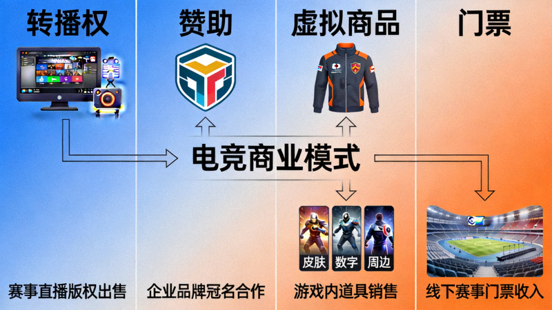 电竞商业模式示意图 - 展示转播权、赞助、虚拟商品、门票等多元化收入来源