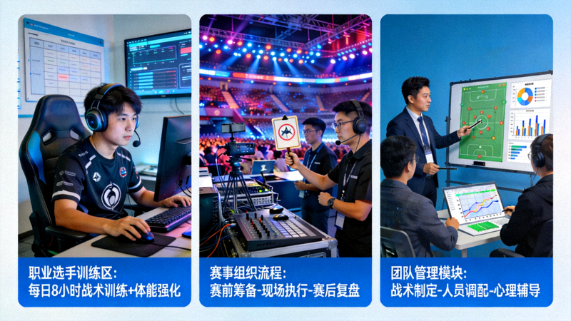电竞职业化发展示意图 - 展示职业选手训练、赛事组织和团队管理场景