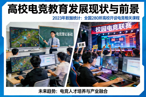 高校电竞教育发展现状与前景 - 展示高校电竞课堂和校园赛事场景