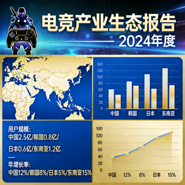 电竞产业生态报告封面与亚洲市场数据可视化图表展示