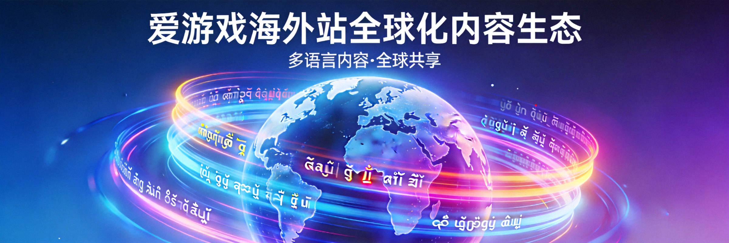 爱游戏海外站全球化内容生态横幅 - 多语言内容流环绕地球的抽象视觉