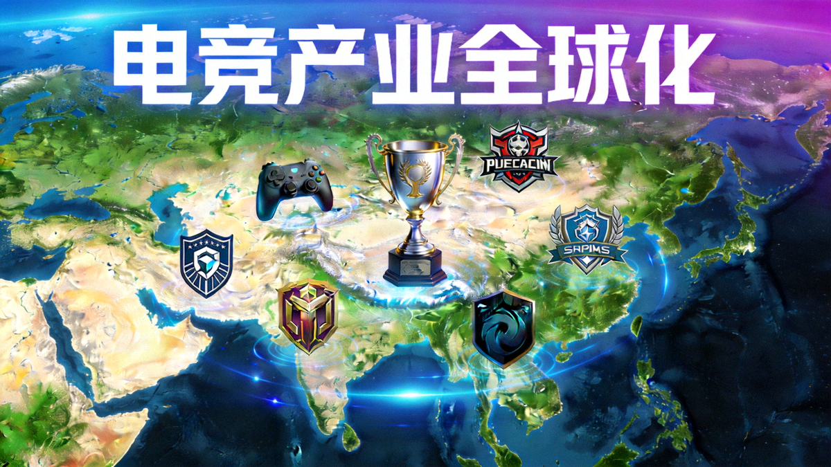电竞产业全球化主题头图 - 全球地图与电竞标志融合展示
