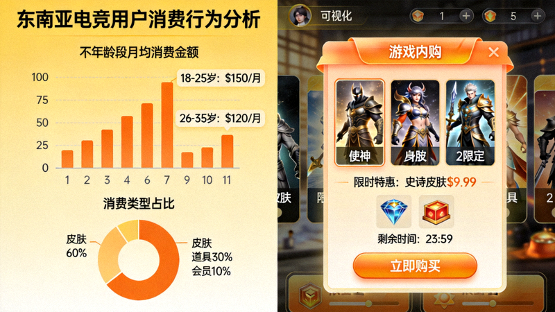 东南亚电竞用户消费行为分析图表与游戏内购界面
