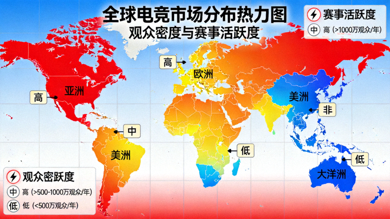 全球电竞市场分布热力图 - 展示各区域观众密度与赛事活跃度