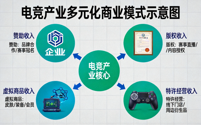 电竞产业多元化商业模式示意图 - 展示赞助、版权、虚拟商品、特许经营等收入来源