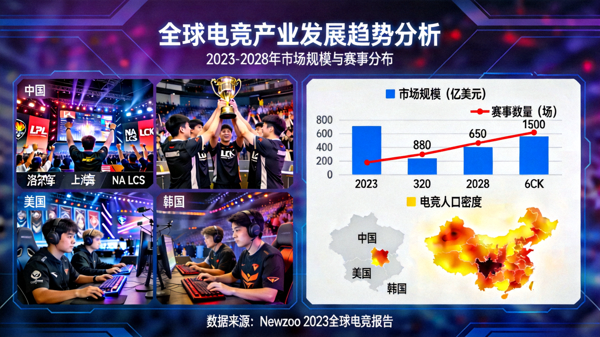 全球电竞产业发展趋势分析主图 - 展示世界各地电竞比赛场景与数据可视化图表