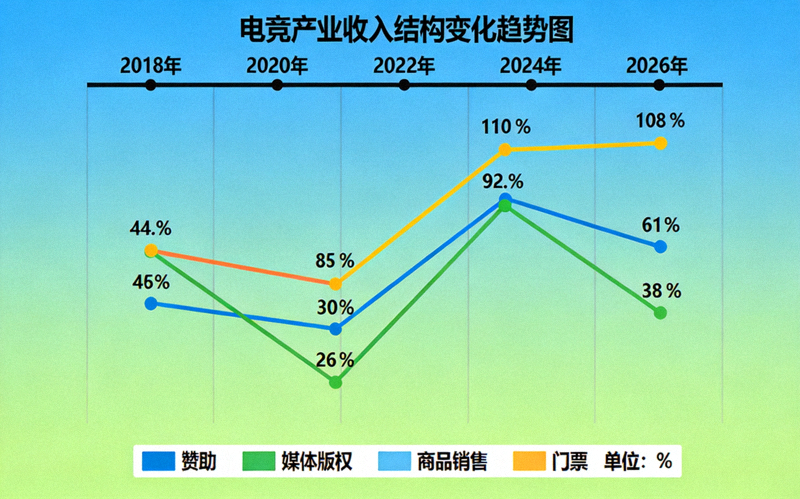 电竞产业收入结构变化趋势图 - 赞助媒体版权商品销售门票等占比演变