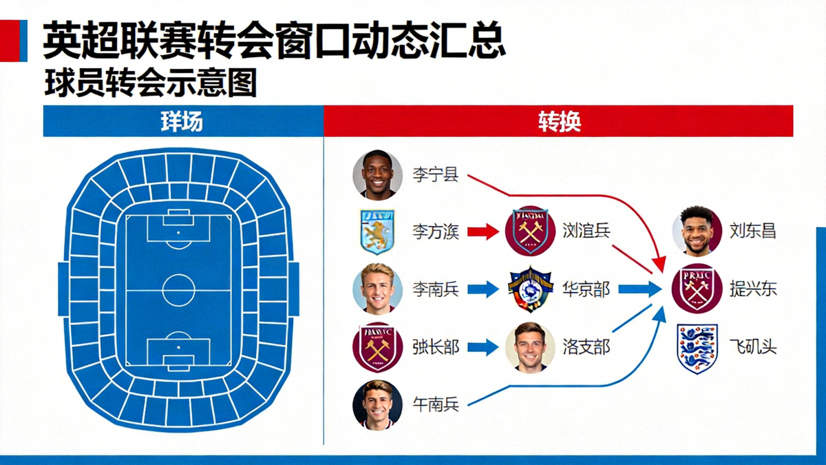 英超联赛转会窗口动态汇总封面图 - 英超球场与球员转会示意图