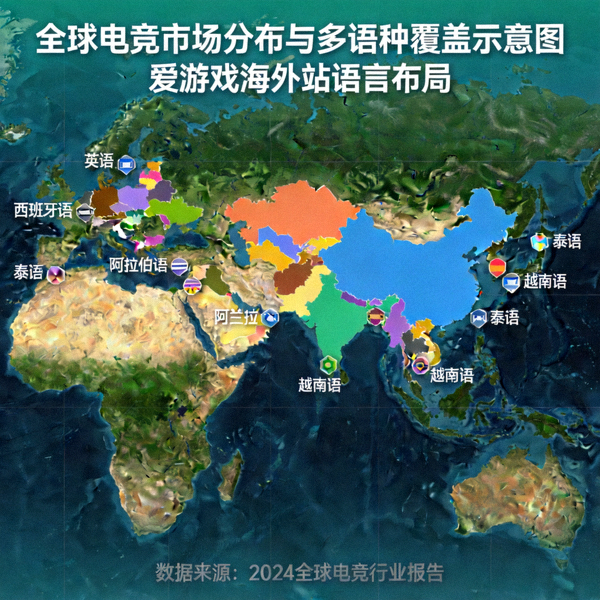 全球电竞市场分布与多语种覆盖示意图 - 展示爱游戏海外站在各地区的语言布局