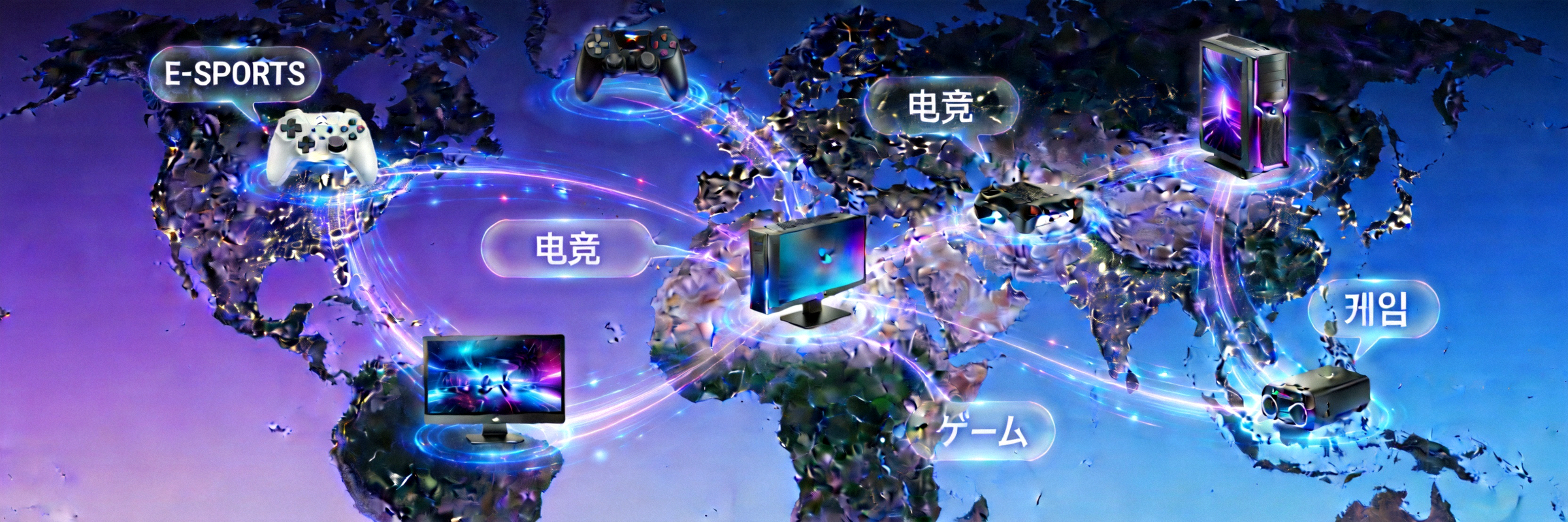 未来电竞全球化传播概念图 - 展示多语言内容流动与全球连接