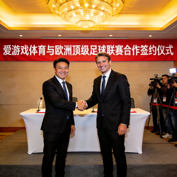 爱游戏体育与欧洲顶级足球联赛合作签约仪式现场照片 - 双方代表握手庆祝